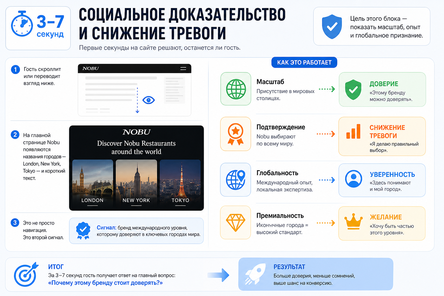 3–7 секунд: социальное доказательство и снижение тревоги