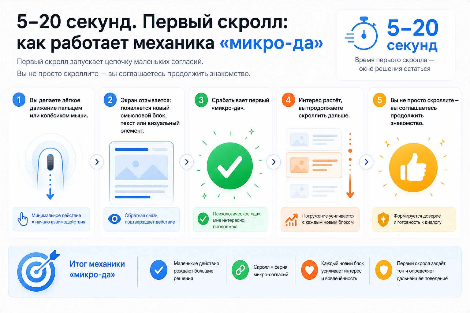 5–20 секунд. Первый скролл: как работает механика «микро-да»