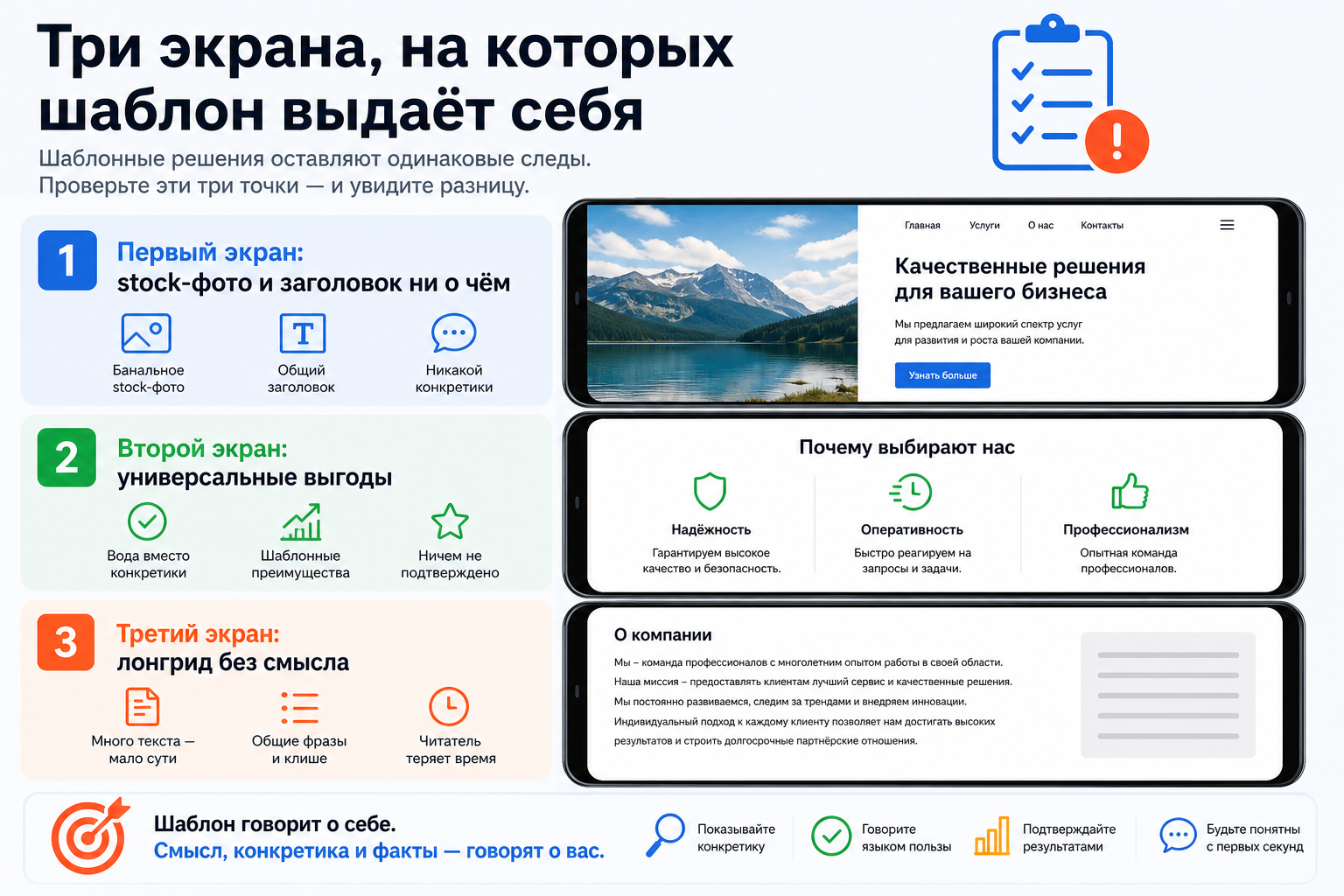 Три экрана, на которых шаблон выдаёт себя